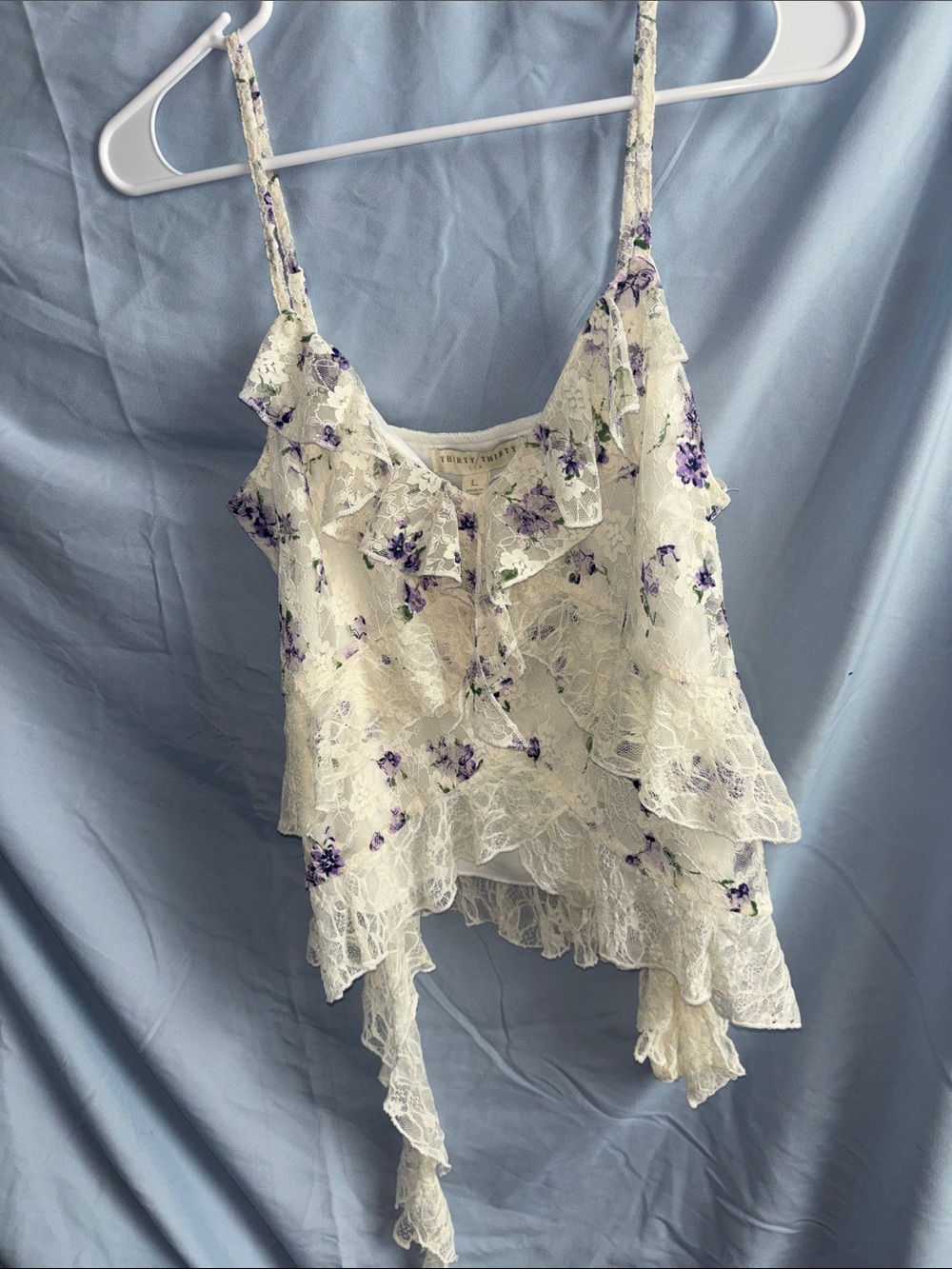 Delicate Lace Floral Ruffle Camisole - White with Purple Floral